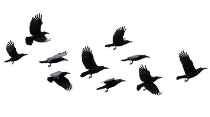 crows flock silhouette isolated on white background