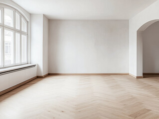 Empty room interiors in warm tones with a mix of natural window lighting and shadows. Minimalist apartment interior