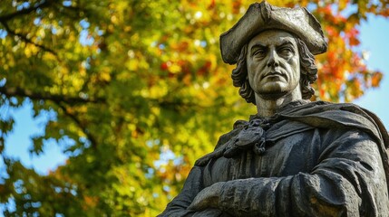 Statue of a historical figure surrounded by autumn foliage in a park