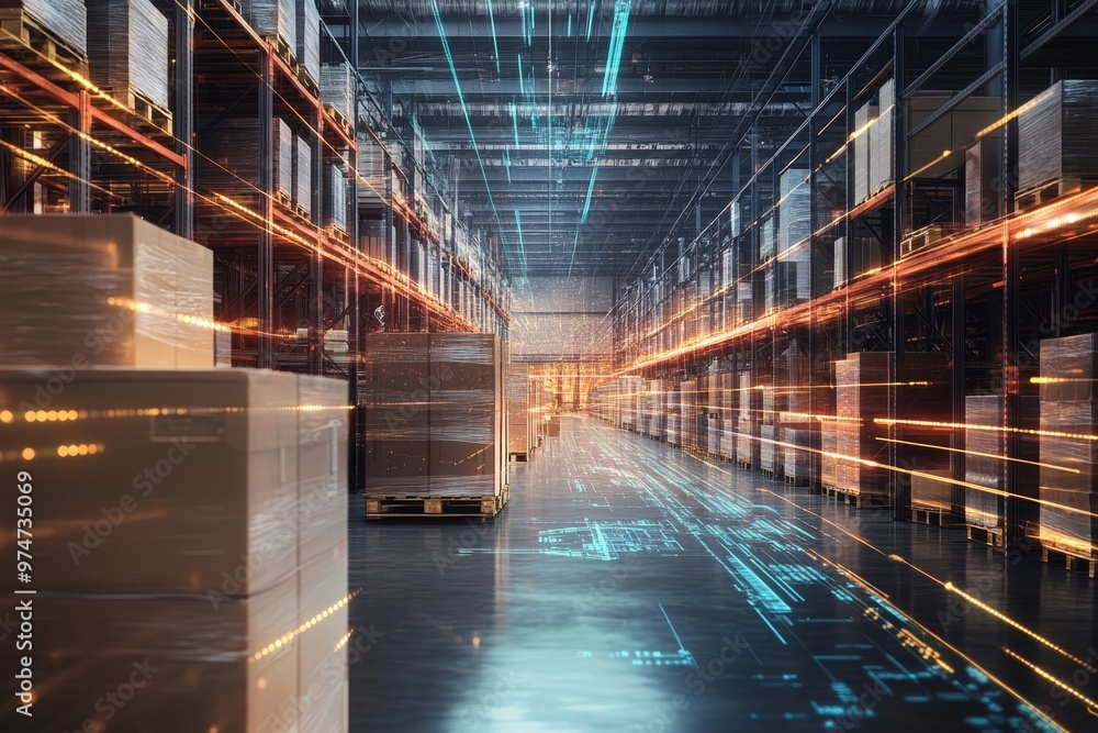 Aufkleber dynamic digital warehouse showcasing holographic data flow and advanced technology integration