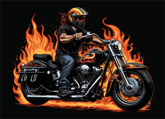 Vector design for t-shirt. 
Motorcycle
with biker in helmet, fire on black background. 
Fashionable print for fabric, paper, men clothing,
hoodie, biker jacket. T shirt template with flame.