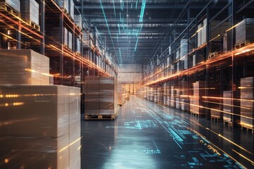 Dynamic digital warehouse showcasing holographic data flow and advanced technology integration
