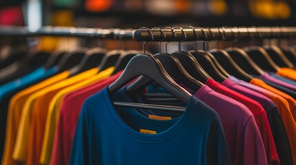 A variety of colorful t-shirts hanging on wooden hangers in an online store, representing the diverse range and color choices available for sale
