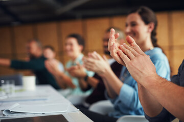 Office, applause and business people in boardroom meeting for teamwork, collaboration and celebration. Corporate, diversity and men and women clapping hands for support, victory and financial success