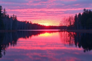 Fototapeta premium Pink and Purple Sunset Reflected in a Calm Lake