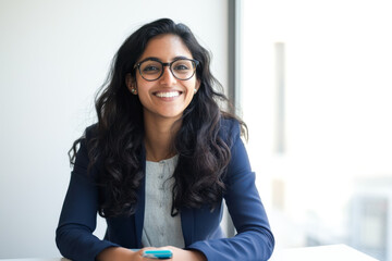 An Indian businesswoman in her 30s, wearing glasses, is happily smiling while sitting in her office in front of a window.