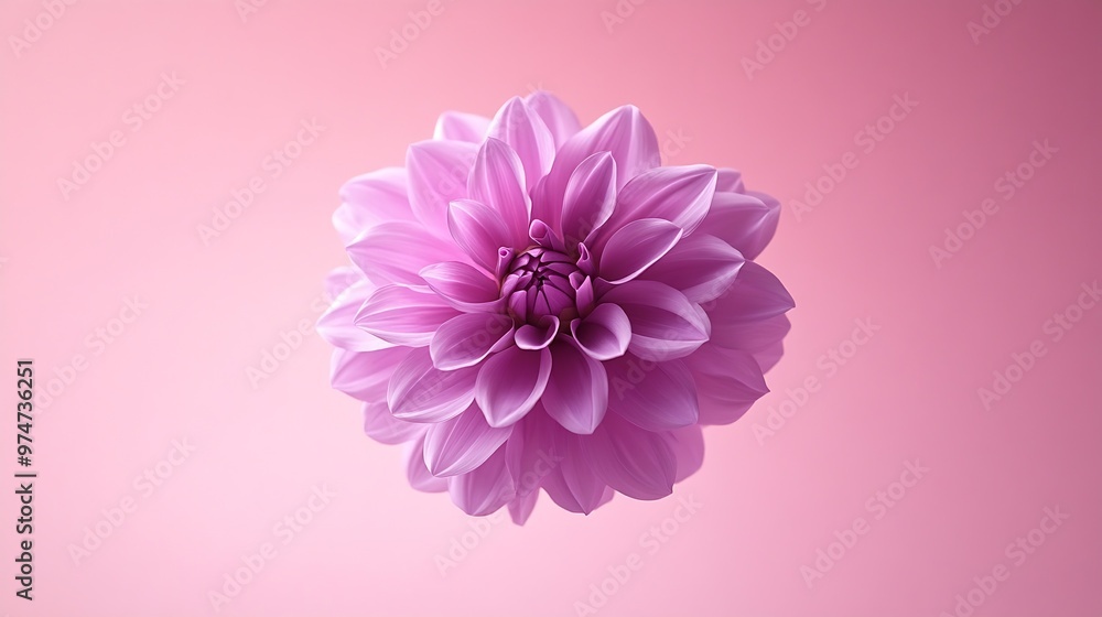 Poster beautiful fresh purple dahlia flower falling in the air isolated on pink background levitation or ze