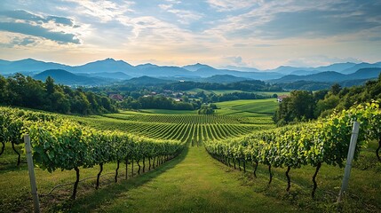 Fototapeta premium Slovenia a view of famous vineyard in Skalce Slovenske Konjice Scenic panoramic view of vineyards in sunny day : Generative AI