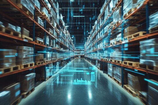 Futuristic industrial warehouse showcasing high tech data streams revolutionizing stock management