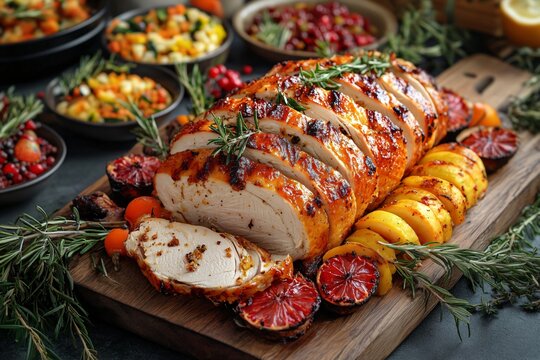 Delicious Thanksgiving Turkey Feast on Wooden Board with Side Dishes and Autumn Decorations