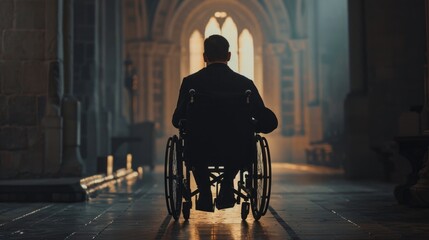 Obraz premium A man in a wheelchair is sitting in a dimly lit room