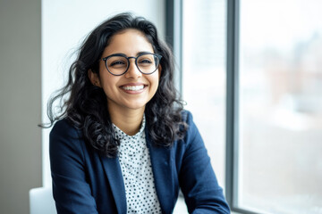 An Indian businesswoman in her 30s, wearing glasses, is happily smiling while sitting in her office in front of a window.