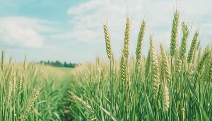 Obraz premium A lush field of golden wheat under a bright blue sky, showcasing nature's beauty and abundance in agricultural landscapes.