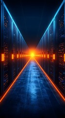 Futuristic data center corridor illuminated by neon lights, showcasing technology and innovation in a digital world.