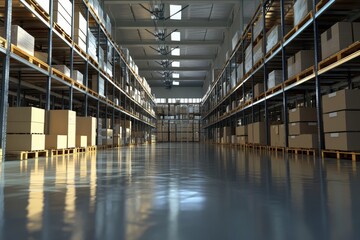 Brightly lit 3d warehouse rendering featuring high shelves and organized pallets of boxes