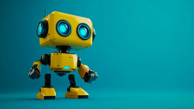 A yellow small robot with blue eyes standing on a blue background.