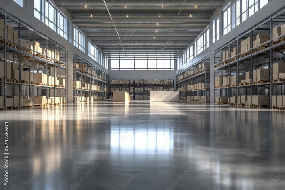 Poster modern 3d visualization of an empty warehouse with high shelving and reflective glossy flooring