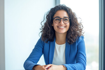 An Indian businesswoman in her 30s, wearing glasses, is happily smiling while sitting in her office in front of a window.
