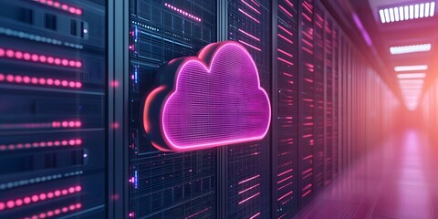 Vibrant cloud symbol in a data center, showcasing modern technology and digital storage solutions with colorful lighting.