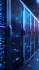 Futuristic data center with illuminated server racks showcasing vibrant digital connections and data transmission.