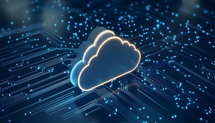 Stylized cloud symbol on digital circuit background, representing cloud computing and technology innovation.