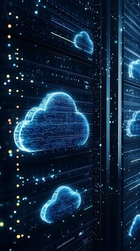 A futuristic representation of cloud computing, showcasing blue digital clouds against a dark, high-tech background.