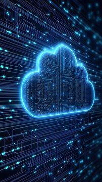 A vibrant cloud symbol surrounded by digital circuits, representing innovative technology and the concept of cloud computing.