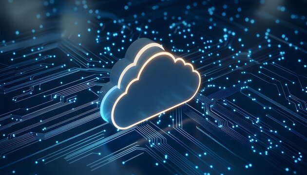 Stylized cloud symbol on digital circuit background, representing cloud computing and technology innovation.