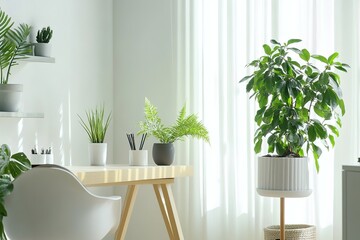 Bright home office space with indoor plants and sunlight