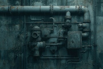 An intricate network of pipes and valves attached to a weathered concrete wall