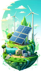 Sustainability illustration set. ESG, green energy, sustainable industry with windmills and solar energy panels. Environmental, Social, and Corporate Governance concept. Vector illustration.