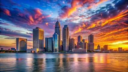 Vibrant sunset casts a warm glow on the majestic Detroit, Michigan skyline, featuring the Renaissance Center and gleaming skyscrapers along the Detroit River waterfront.