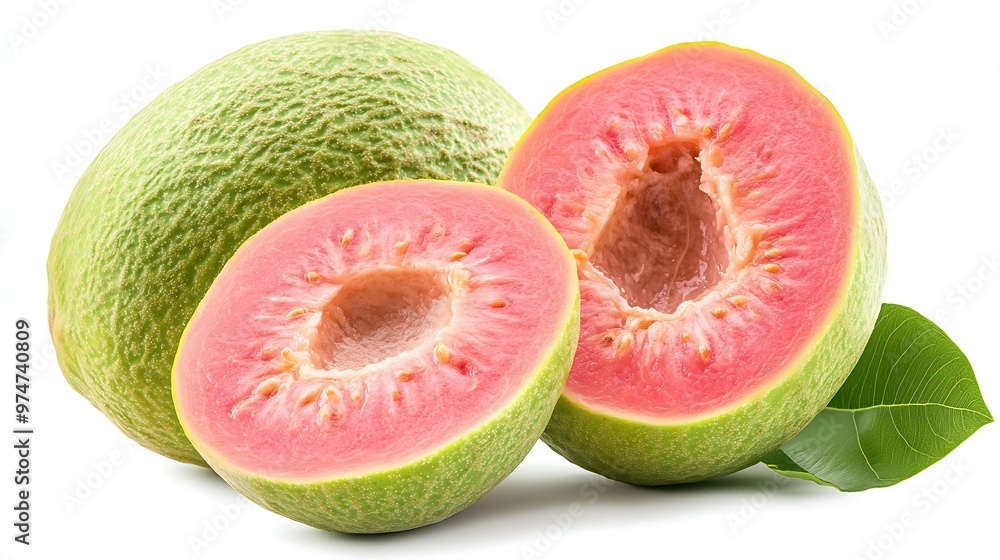 Aufkleber isolated green guava with pink flesh one whole fruit and a half isolated on white background with cl