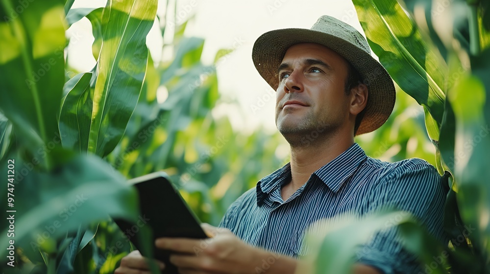 Poster Farmer man in corn field works with computer Business Farm Agriculture concept Farmer with computer tablet in green corn field Modern digital technologies Worker works on farm Agronomi : Generative AI