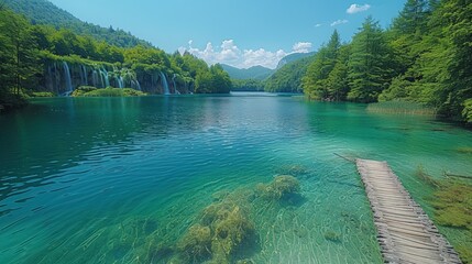 Tranquil turquoise lake with wooden walkway leading to the lush green forested mountains, clear water, and a waterfall in the distance.