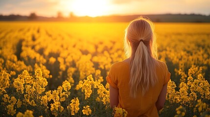 Fototapeta premium A woman farmer stands in a rapeseed field at sunset Beautiful rural landscape : Generative AI