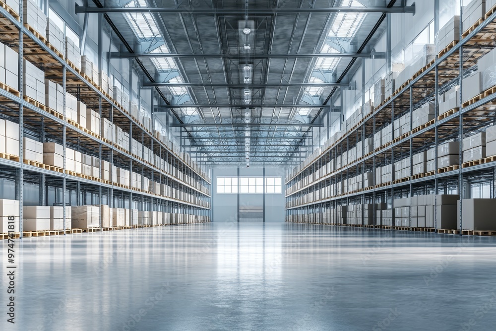 Poster exploring ai potential in retail storage a wide angle view of an empty warehouse with high shelves