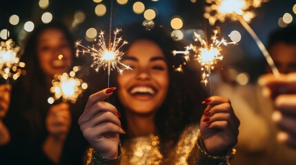 New Year's Eve Celebration: Friends Cheer with Sparklers at Midnight