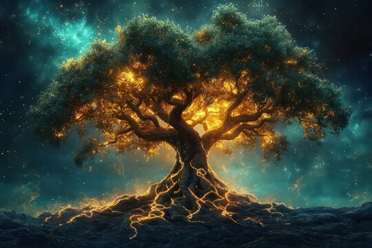 mystical tree of life illustration intricate root system mirroring branches celtic knot patterns glowing energy lines cosmic background sacred geometry