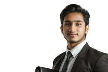 Naklejka premium A young businessman from South Asia, in a traditional setting, holding a briefcase, symbolizing the strength and resilience of South Asian entrepreneurs.