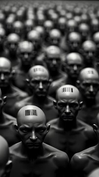 A dystopian and dehumanizing vision of a large crowd of identical bald figures, all with barcodes printed on their heads