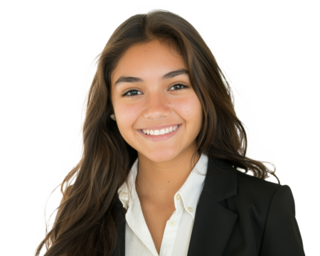 A young female Hispanic businesswoman in elegant business attire, smiling, white background. isolated on white background. - Powered by Adobe