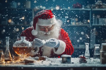 Santa claus creating christmas wonders in a laboratory surrounded by a snowy holiday landscape - Powered by Adobe