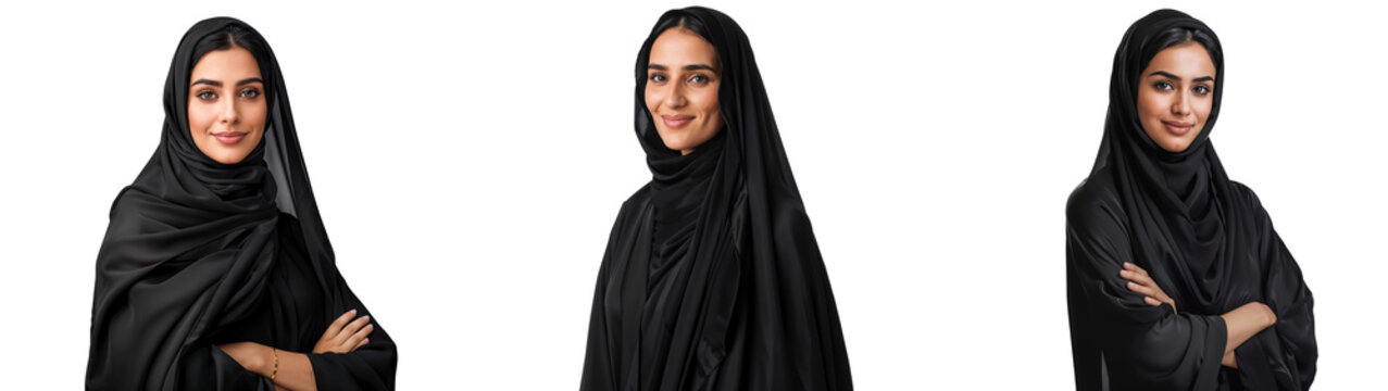 Beautiful Arab women in black hijabs, stylish modern Muslim models, isolated on transparent background