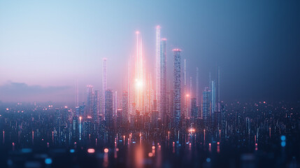 Obraz premium Smart city digital transformation development concept. Band lights over modern urban cityscape at night. New fast internet communication 5G technology. Fiber Optics.