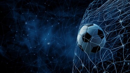 Football socer ball on football play, flying ball net over blue background with copy space, goal concept