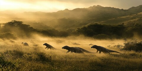 Fototapeta premium Lizards walking through hazy, golden field.