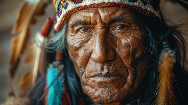 Apache Indian Shaman Wearing Traditional Headdress With Painted Face. Indigenous Peoples Day. Cultural Heritage of Native American Peoples