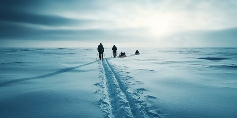 People cross vast snowy landscape on skis and sleds.