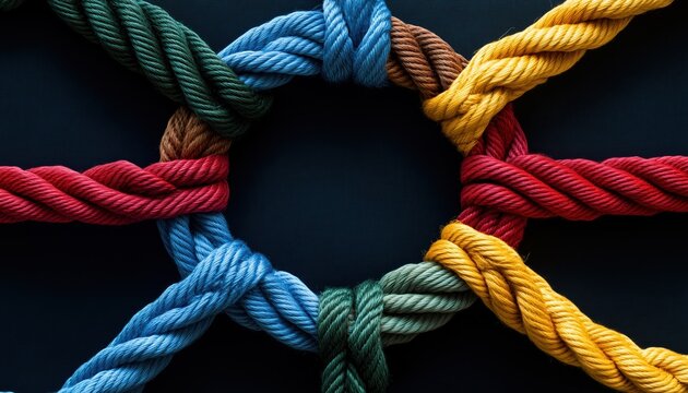 Circle Of Diversity: Ropes Connected In A Circular Formation For Business Or Social Media Connections In A Horizontal Composition